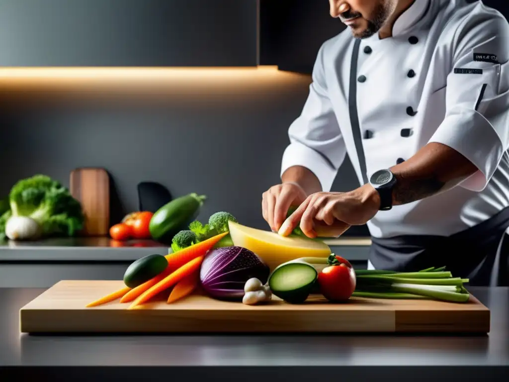 Un chef corta hábilmente verduras en una cocina minimalista, mostrando las técnicas de cocina cetogénica sin carbohidratos.