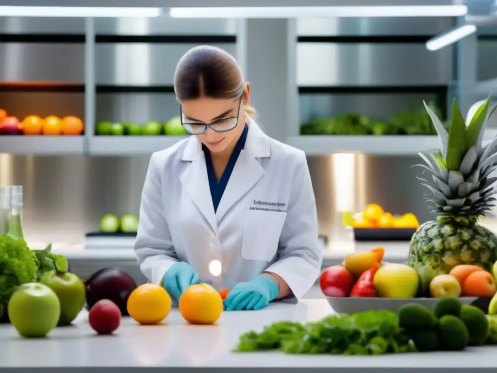 Un científico en un laboratorio moderno mide frutas y verduras para investigar la dieta cetogénica y su impacto en el envejecimiento.