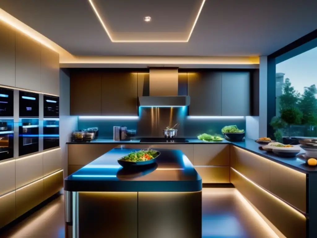 Cocina futurista con tecnología de vanguardia y paisaje saludable