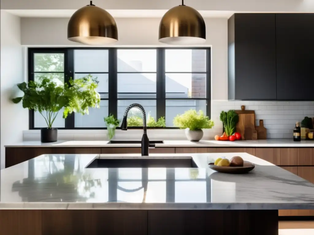 Una cocina moderna con electrodomésticos de acero inoxidable, encimera de mármol y una pulcra pared de azulejos blancos. <b>La luz del sol entra por la gran ventana, creando un ambiente cálido en esta cocina minimalista y elegante.</b> En la encimera, ingredientes ordenados para un rápido y