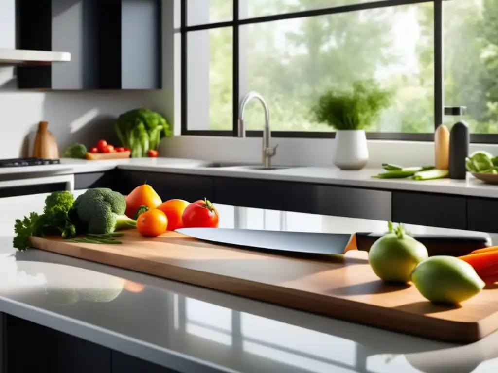 Una cocina moderna y elegante con utensilios de acero inoxidable y diseño minimalista. El espacio está iluminado por luz natural a través de grandes ventanas, creando un ambiente profesional y acogedor para técnicas avanzadas cocina cetogénica.