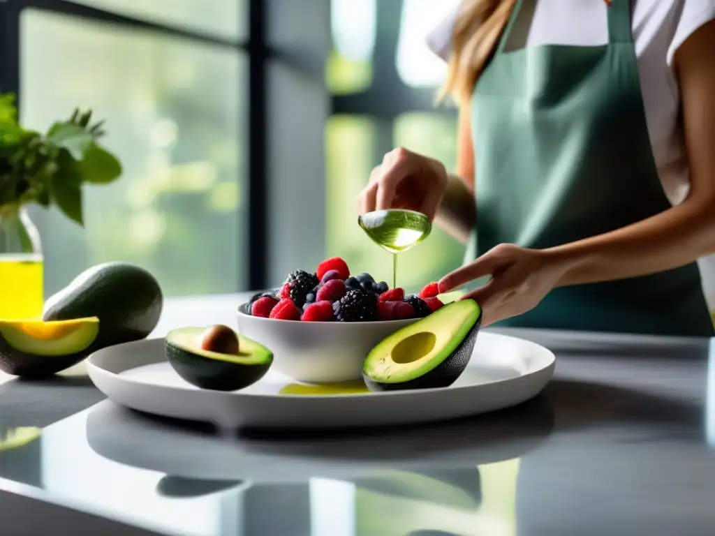 Una cocina moderna con encimera de mármol, frutas y verduras frescas, y el proceso de preparación de una comida cetogénica llena de antioxidantes.