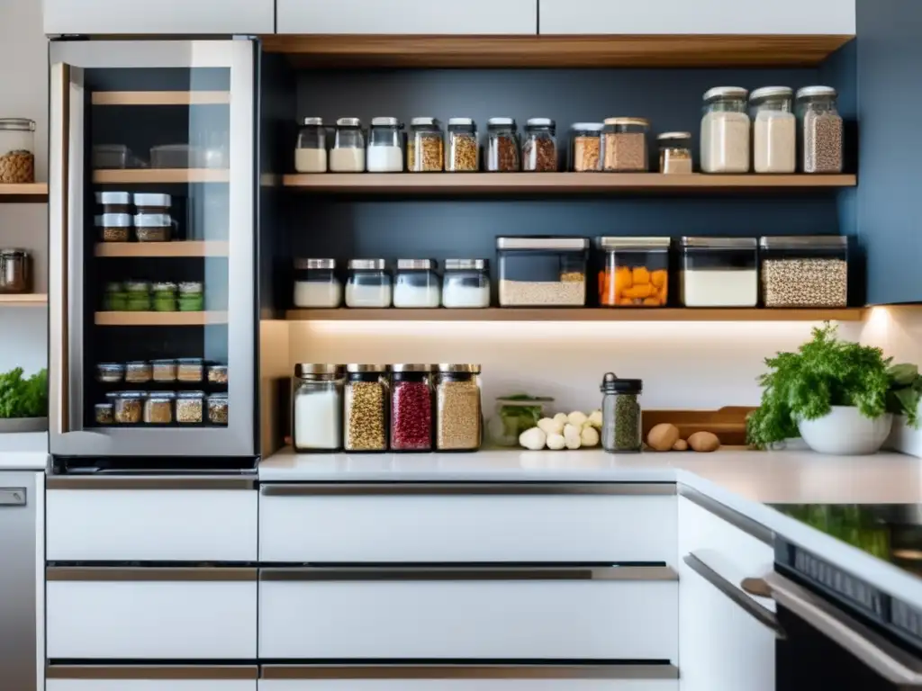 Una cocina moderna y organizada con alimentos para dieta cetogénica. Todo está ordenado y limpio, creando un ambiente acogedor y práctico.