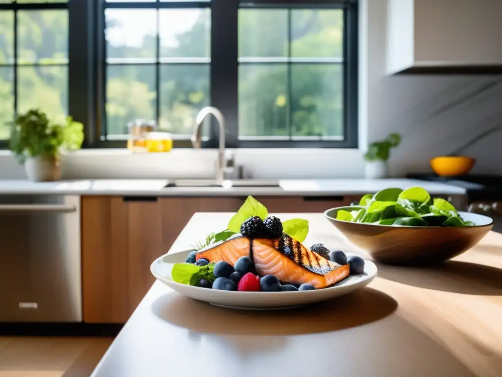 Cocina moderna y serena con alimentos saludables y coloridos