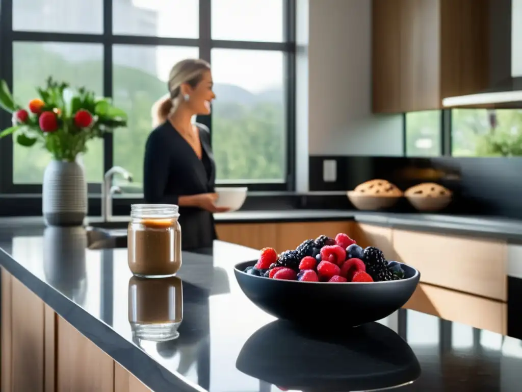 Una cocina moderna y serena con alimentos frescos y una conversación alegre sobre dieta cetogénica y salud mental.