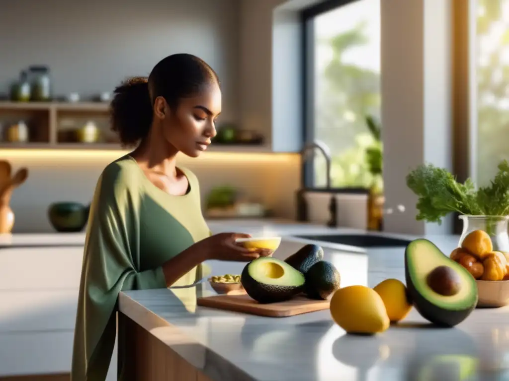 Una cocina moderna y serena con alimentos saludables para el ayuno intermitente y la cetosis. La luz matinal crea tranquilidad.