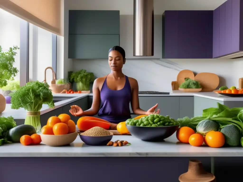 Una cocina moderna y serena con alimentos frescos y coloridos, mientras alguien medita en paz. Dieta cetogénica y meditación beneficios.