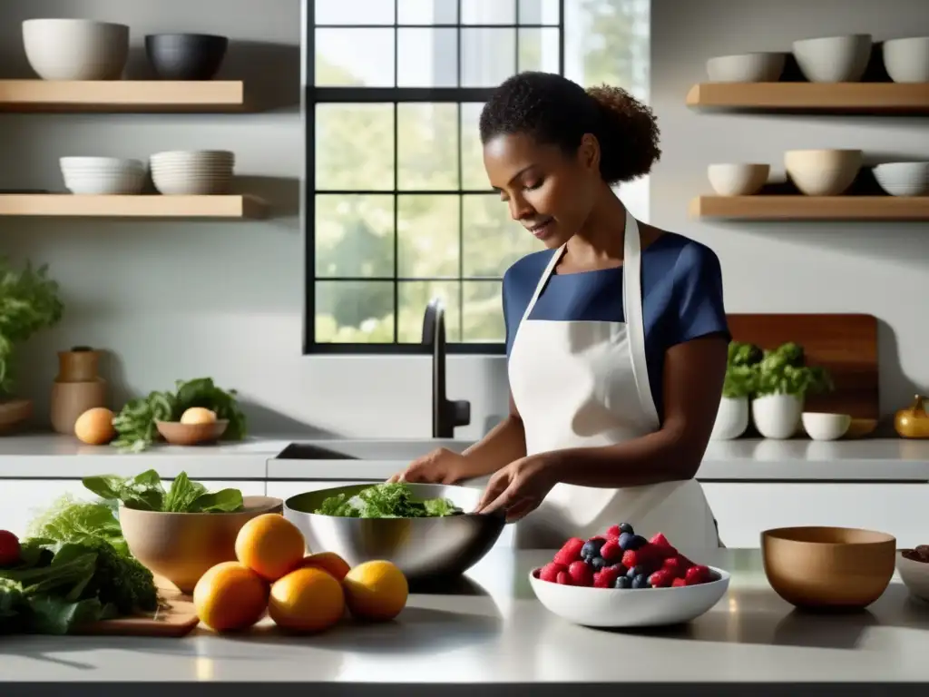 Una cocina moderna y serena con alimentos frescos y cuidadosamente preparados, reflejando la alimentación cetogénica y mindfulness.