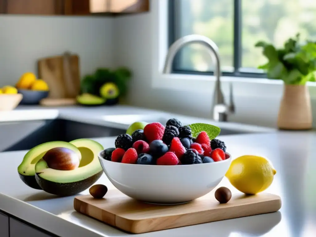 Una cocina moderna y serena con alimentos frescos y mucha luz natural, conectando la dieta cetogénica con el estado de ánimo positivo.