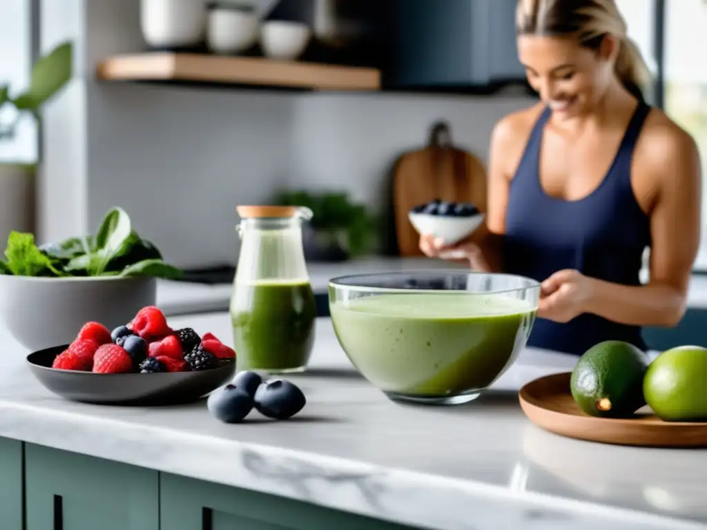 Una cocina moderna y serena con alimentos keto y una mujer activa, exudando vitalidad para comenzar el viaje hacia la cetosis sin errores.