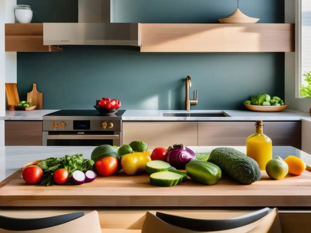 Una cocina moderna y serena con alimentos frescos y coloridos en una dieta cetogénica para estabilizar ritmo circadiano.