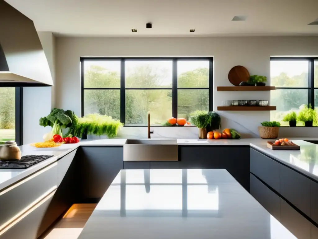 Una cocina moderna y serena con una dieta cetogénica equilibrada para controlar la ansiedad.