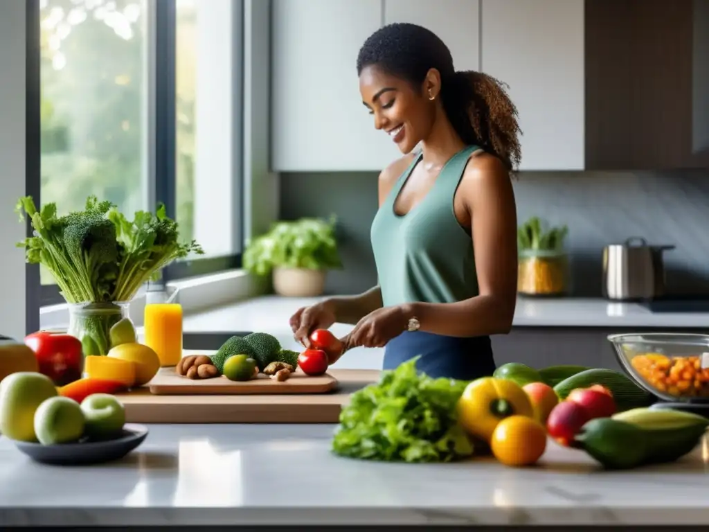 Una cocina moderna y serena con diseño minimalista, mostrando una dieta cetogénica y una persona preparando una comida saludable con calma.