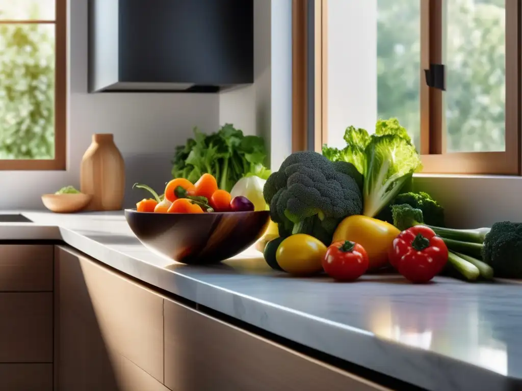 Cocina moderna con vegetales coloridos en mármol