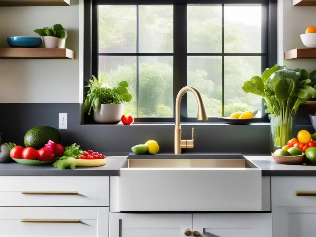 Una cocina moderna y serena con una encimera blanca limpia que muestra una variedad de frutas y verduras frescas y coloridas, con énfasis en aguacates, verduras de hoja y bayas. La luz natural que entra por la ventana resalta los colores vibrantes y las texturas de los productos,