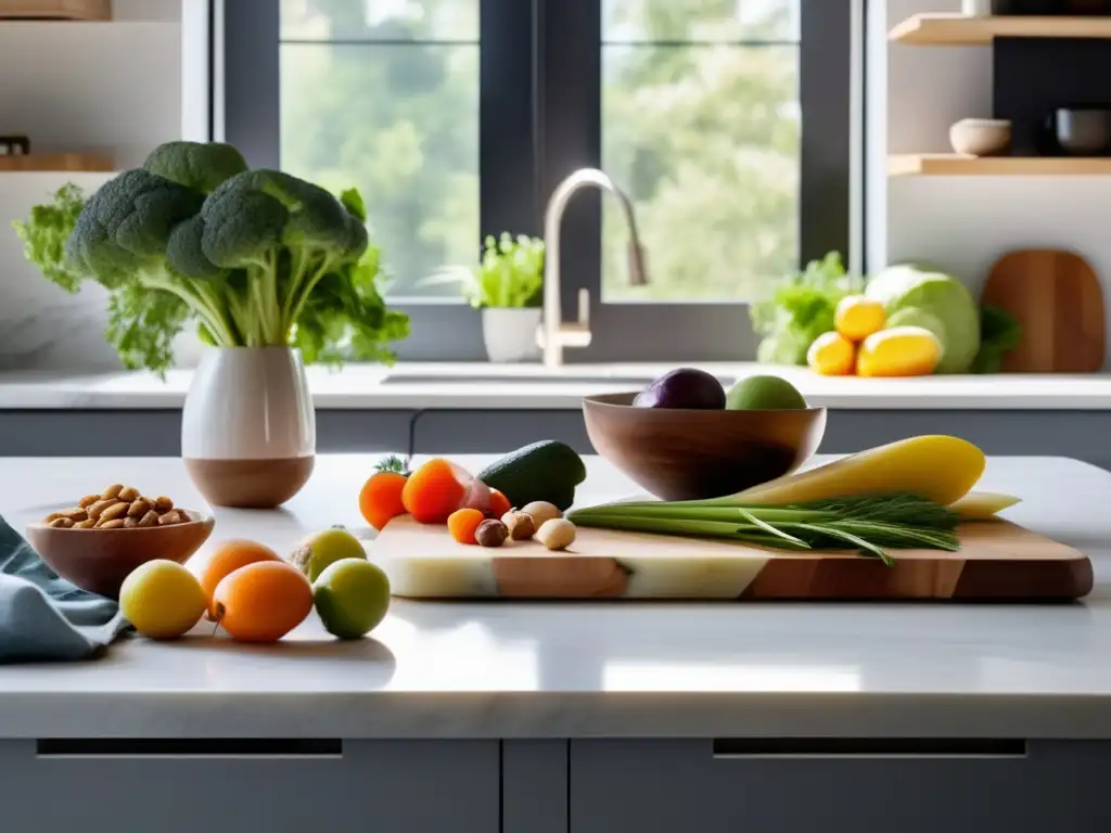 Una cocina moderna y serena con una encimera de mármol y alimentos saludables, evocando la dieta cetogénica y la meditación beneficios.