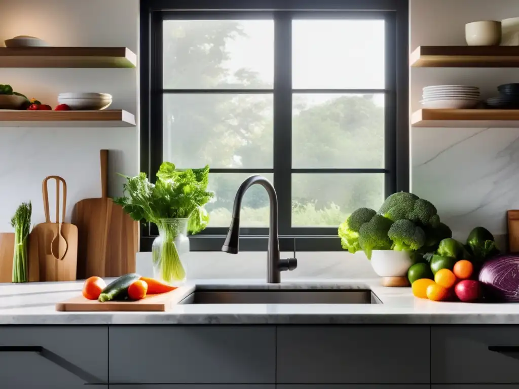 Una cocina moderna y serena con una encimera de mármol, vegetales coloridos y el libro 