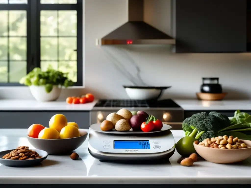 Una cocina moderna y serena con una encimera de mármol y electrodomésticos de acero inoxidable. La luz del sol entra por las grandes ventanas, iluminando una cuidadosa selección de verduras frescas, frutos secos y carnes magras. Una balanza digital está lista para calcular macros dieta cet