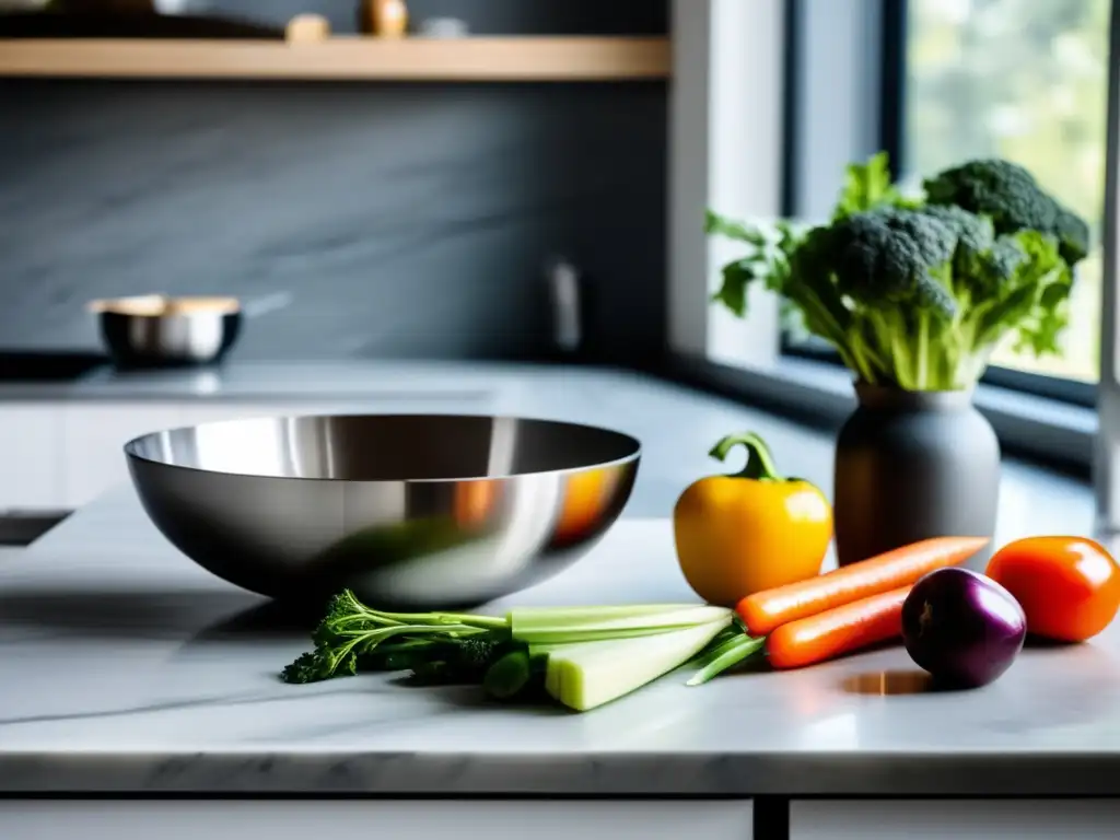 Una cocina moderna y serena con encimeras de mármol y electrodomésticos de acero inoxidable. Una fresca y vibrante ensalada de verduras se encuentra en la encimera junto a una tabla de cortar y un cuchillo afilado, listos para ser preparados para una comida cetogénica