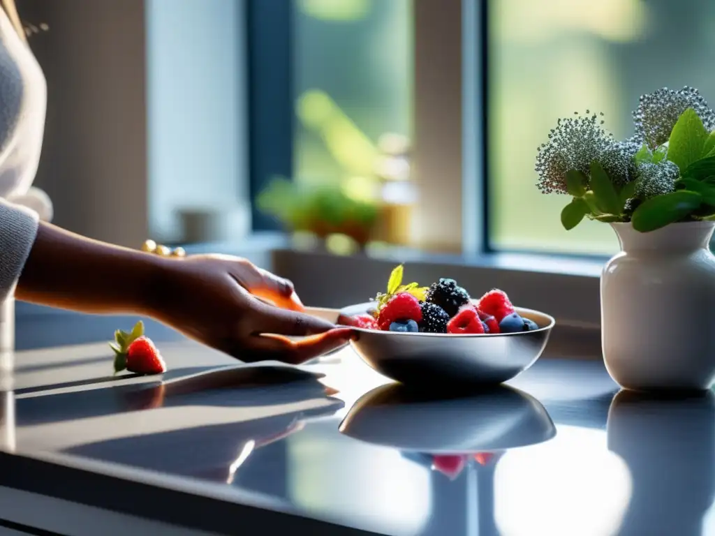 Una cocina moderna y serena con frutas frescas, semillas de chía y miel. <b>Mano de mujer alcanzando las bayas.</b> Beneficios del Mindfulness en dieta cetogénica.