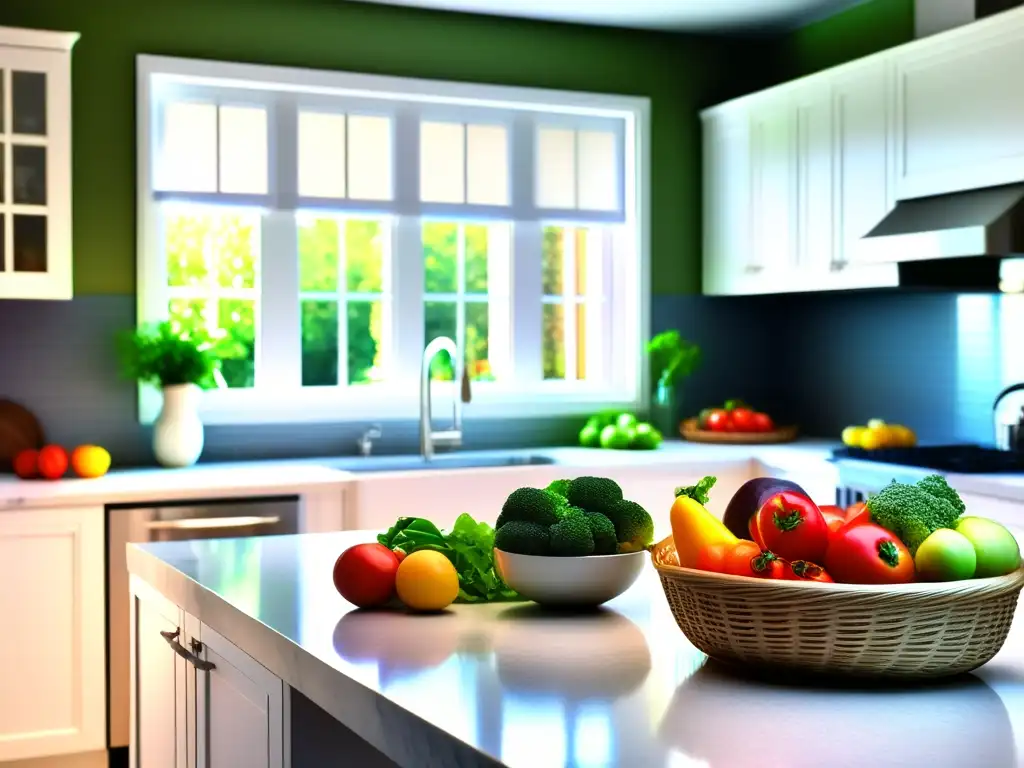 Cocina moderna y serena con frutas y verduras frescas en cestas elegantes