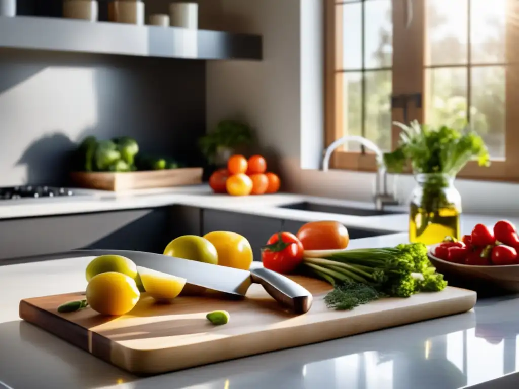 Una cocina moderna y serena con ingredientes frescos y luz natural, perfecta para historias de transformación dieta cetogénica.