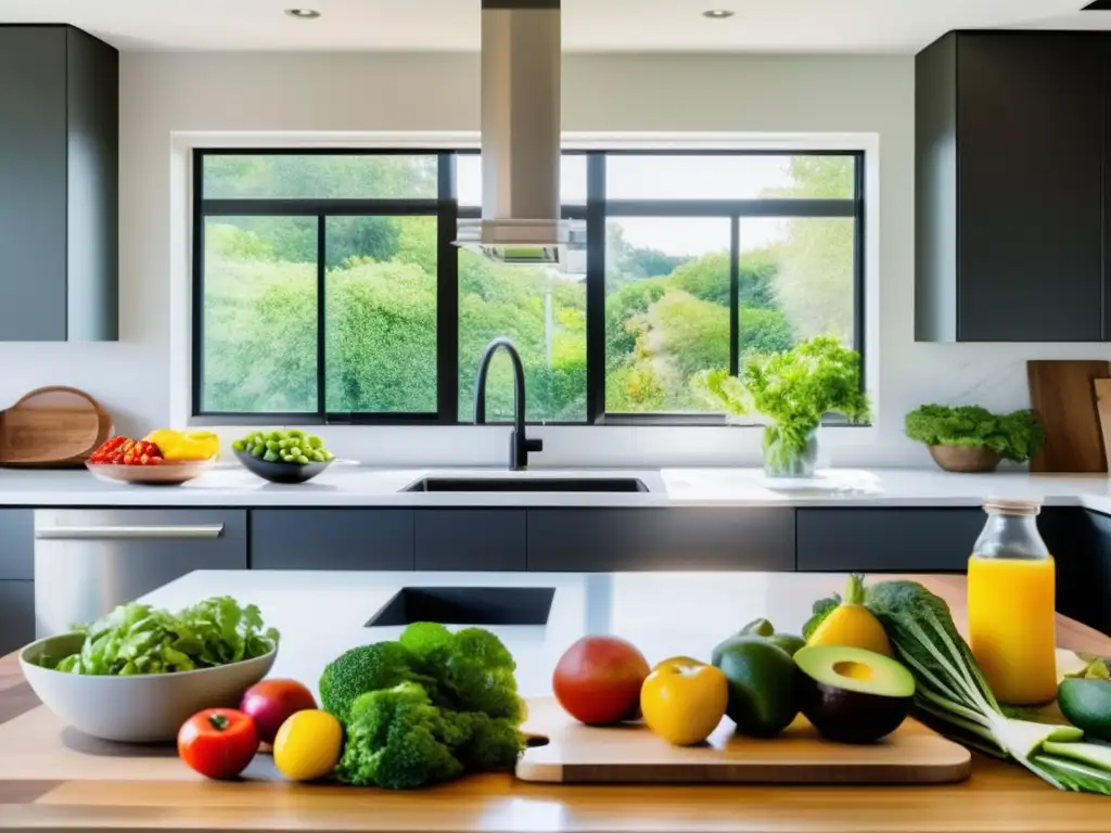 Una cocina moderna y serena con ingredientes vibrantes, ideal para la dieta cetogénica manejo ira.