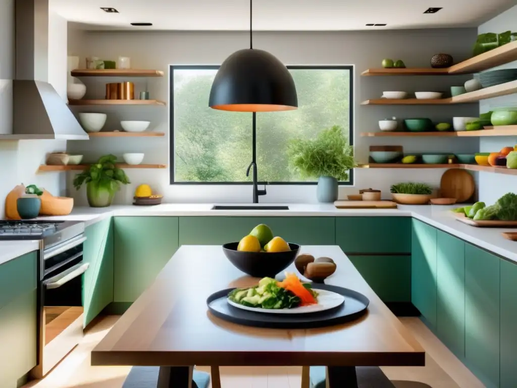 Una cocina moderna y serena con una mesa de madera grande y platos de comida colorida y saludable para la dieta cetogénica. La luz natural crea un ambiente cálido y acogedor.