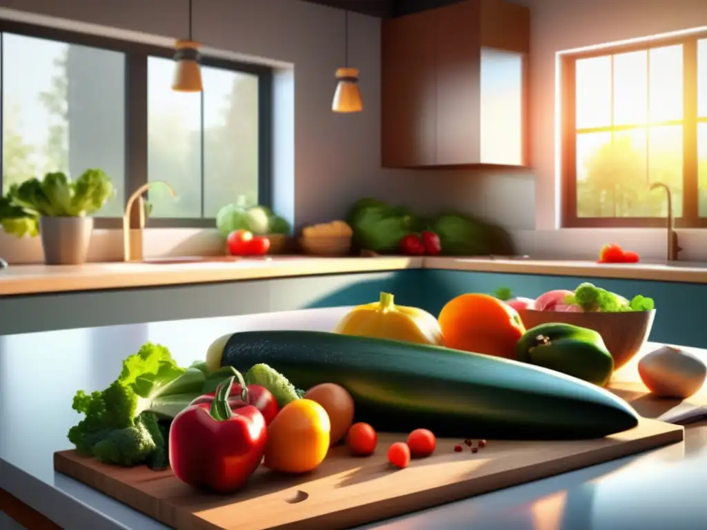 Cocina moderna y serena con ingredientes frescos y coloridos