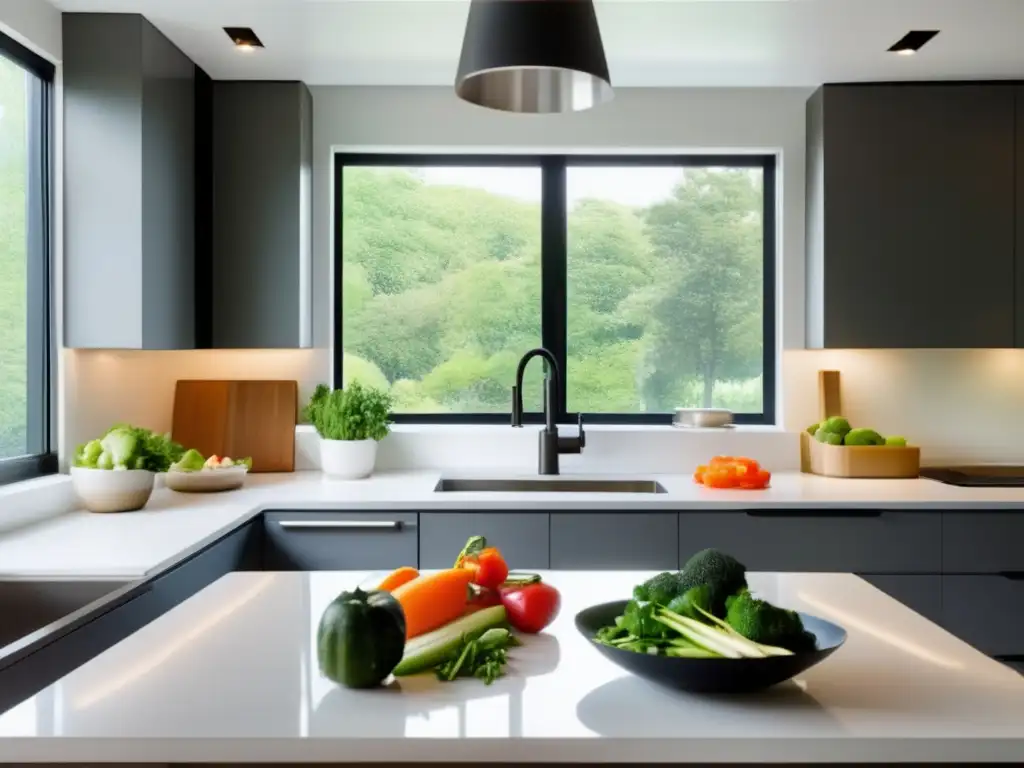 Una cocina moderna y serena con una variedad de alimentos para la dieta cetogénica, bañada por luz natural desde una ventana grande.