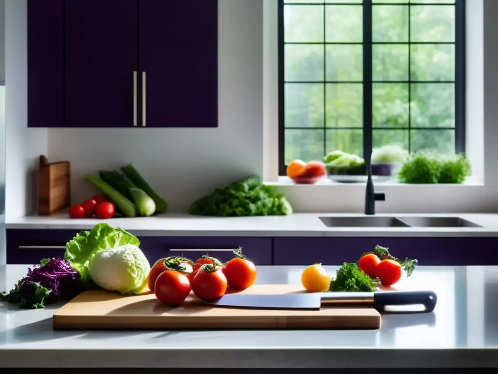 Una cocina moderna y serena con vegetales frescos, cuchillo de chef y luz natural, ideal para incorporar la dieta cetogénica.