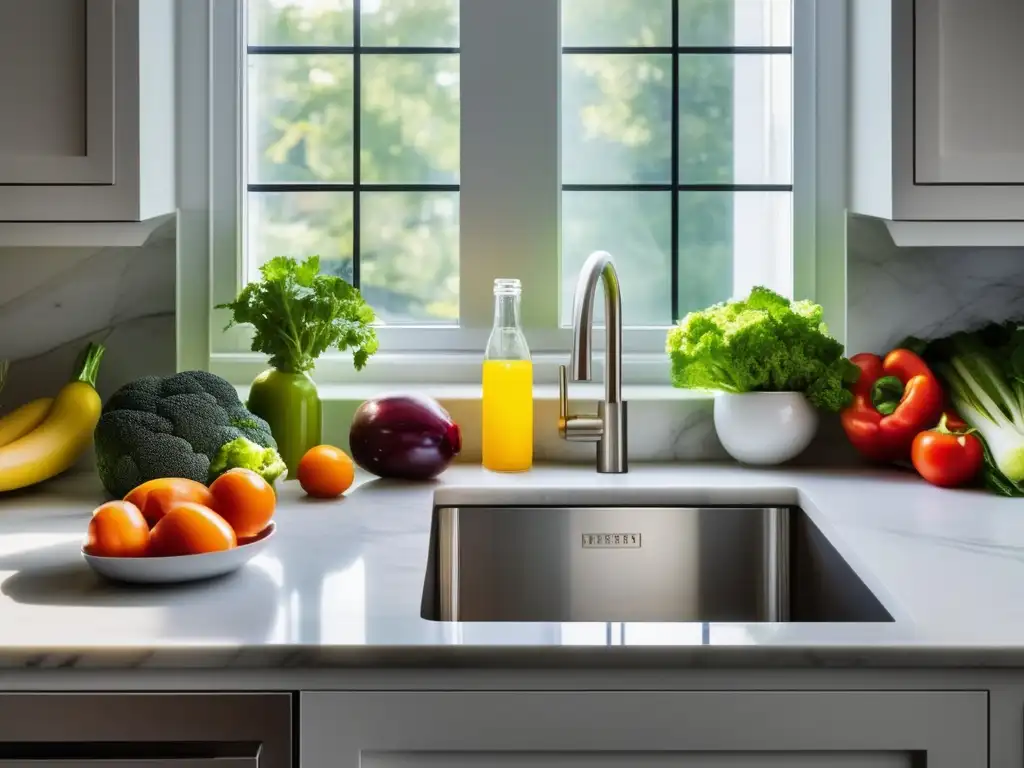 Una cocina moderna y serena con vegetales frescos y coloridos en una encimera de mármol. <b>La luz natural resalta los tonos vibrantes, creando un ambiente atractivo.</b> El diseño minimalista transmite salud y bienestar, perfecto para un artículo sobre la dieta cetogénica y la salud cardiovascular.