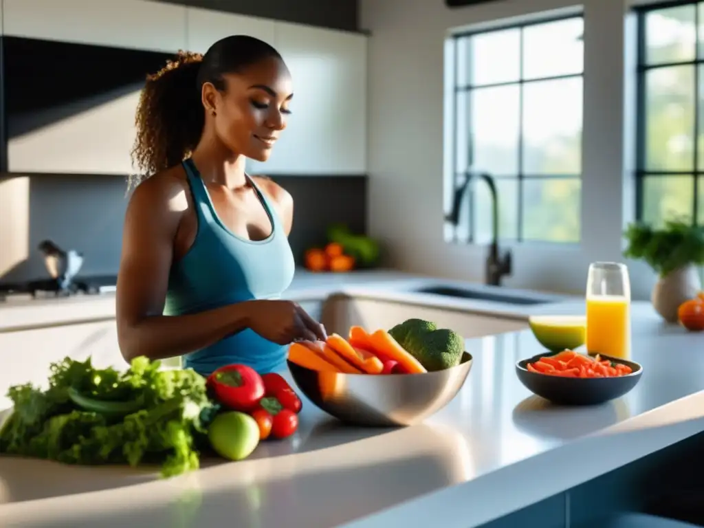 Una cocina moderna y tranquila con alimentos frescos y vibrantes, ideal para la pérdida de peso sostenible con dieta cetogénica.