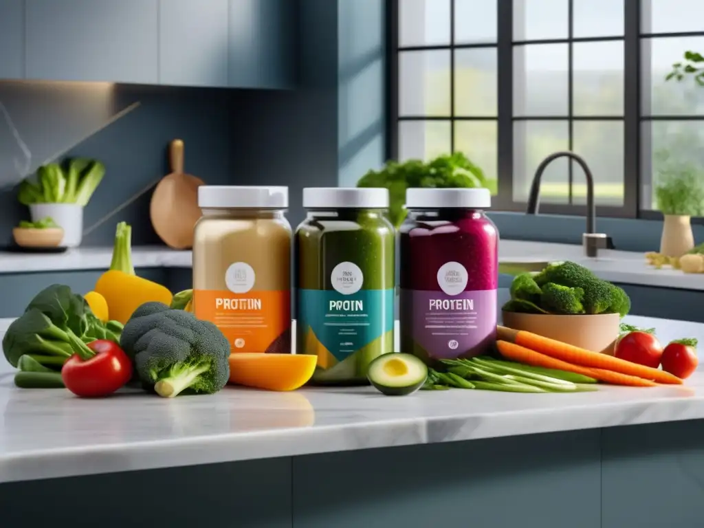 Escena moderna de cocina con vegetales y proteínas veganas Una cocina moderna y vibrante con ingredientes coloridos y proteínas vegetales en empaques elegantes, reflejando la dieta cetogénica.