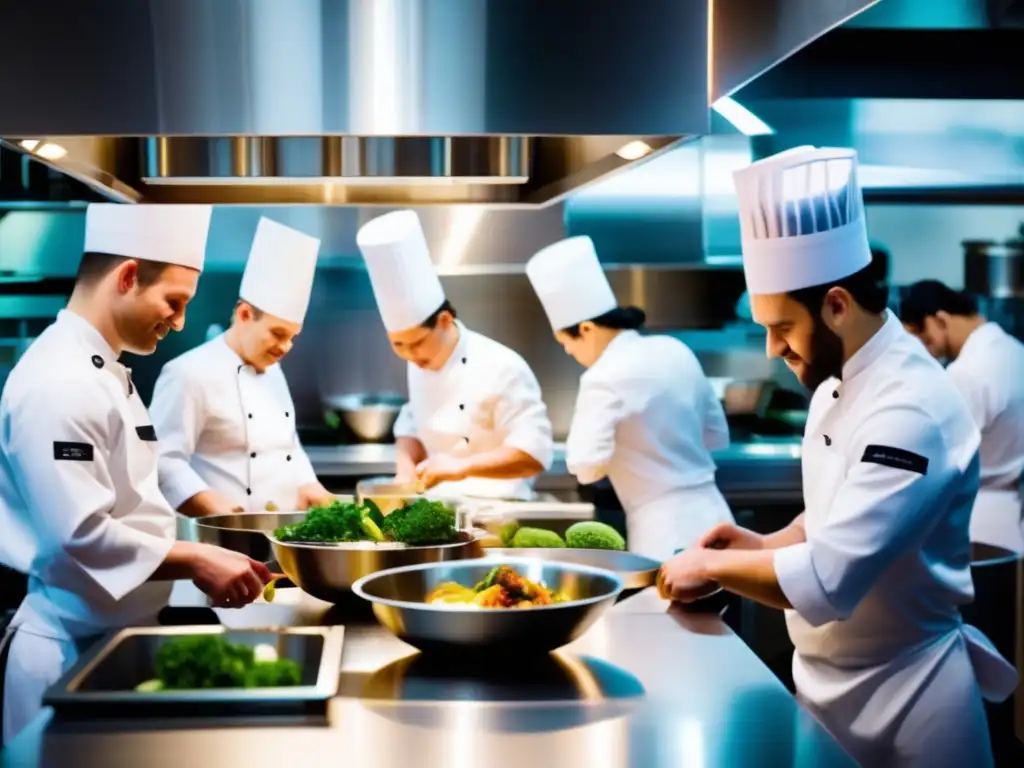 En la cocina de un restaurante cetogénico moderno, los chefs preparan platos bajos en carbohidratos y altos en grasas, cumpliendo estrictas normas sanitarias. Los brillantes mostradores de acero inoxidable y el equipo de cocina de última generación crean una atmósfera profesional y pul