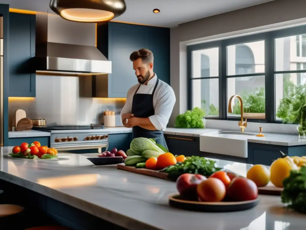 Cocina rusa moderna: ingredientes tradicionales y chef experto Una cocina rusa moderna con ingredientes cetogénicos y un chef preparando platos tradicionales.