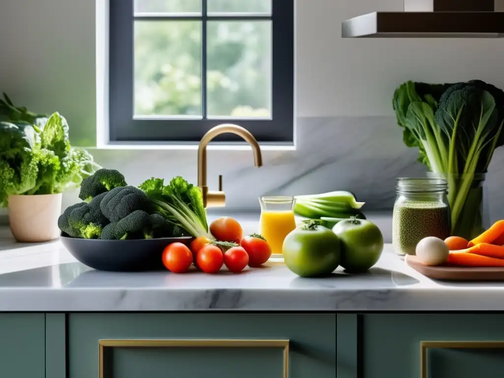 Una cocina serena y minimalista con una cuidada selección de verduras frescas y proteínas magras. <b>La luz natural realza los colores y texturas.</b> Dieta cetogénica sin obsesiones alimentarias.