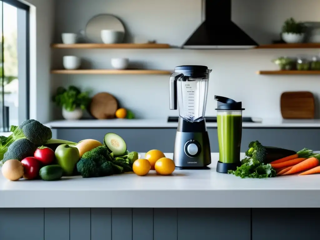 Una cocina serena y minimalista con luz natural, ingredientes frescos y una licuadora lista para preparar smoothies cetogénicos. (Manejo del estrés en dieta cetogénica)