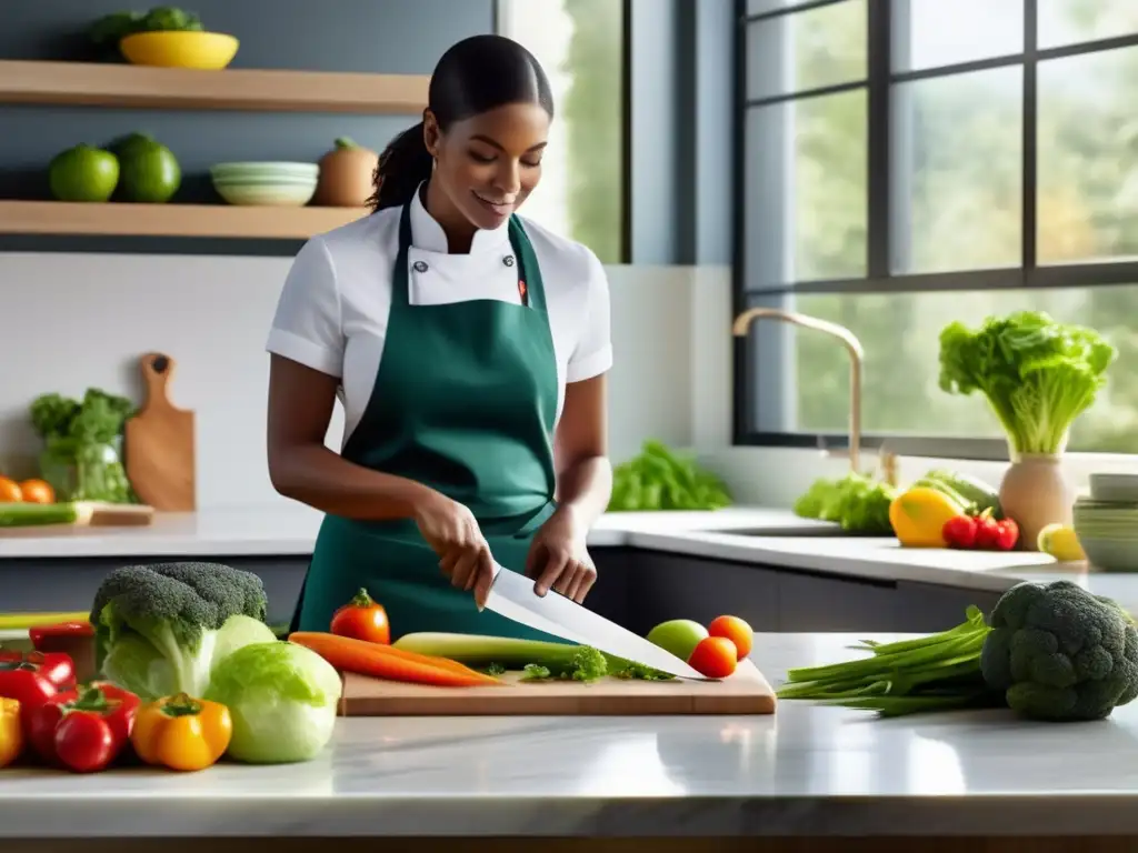 Una cocina serena y moderna con una encimera de mármol, vegetales coloridos y proteínas magras, lista para preparar una dieta cetogénica para estabilidad emocional.