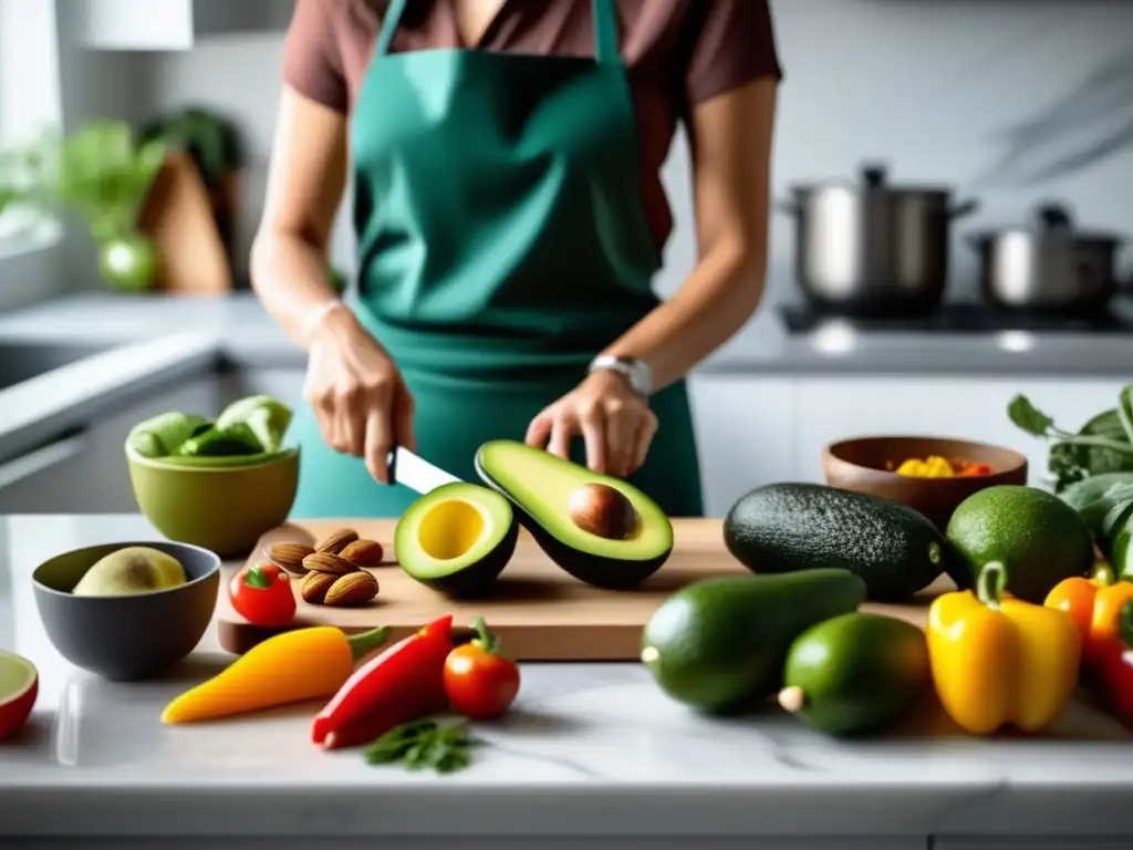 Una cocina serena y moderna con una encimera de mármol, vegetales coloridos y grasas saludables. <b>Manos femeninas cortan pimientos vibrantes mientras una olla hierve en la estufa, generando vapor y aromas fragantes.</b> La luz natural ilumina la escena, creando una sensación de