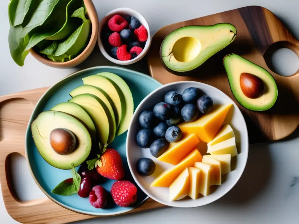 Una cocina serena y soleada con una mesa de mármol llena de alimentos coloridos y nutritivos, beneficiando la dieta cetogénica. La luz natural realza la escena, transmitiendo tranquilidad y gratitud.