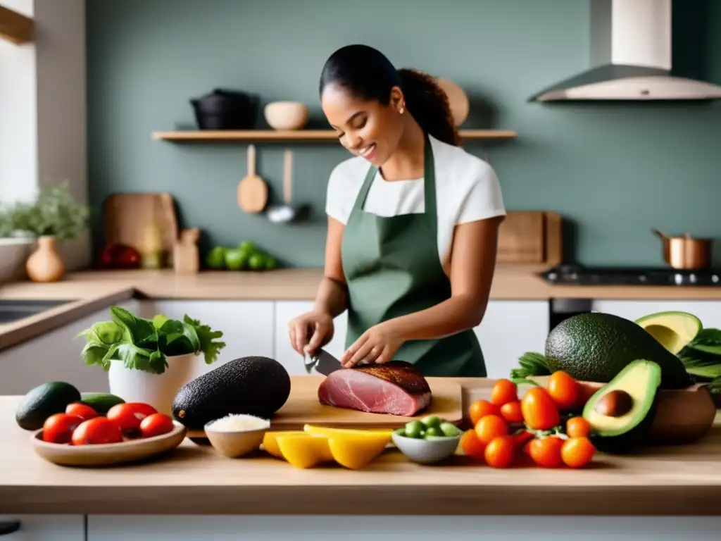 Un cocinero preparando ingredientes frescos en una cocina iluminada y espaciosa para potenciar dieta cetogénica ayuno intermitente.