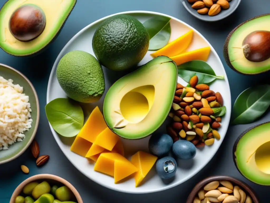 Una colorida y detallada imagen 8k de un plato lleno de alimentos vibrantes y nutritivos de la dieta cetogénica para promover la respuesta inmune.