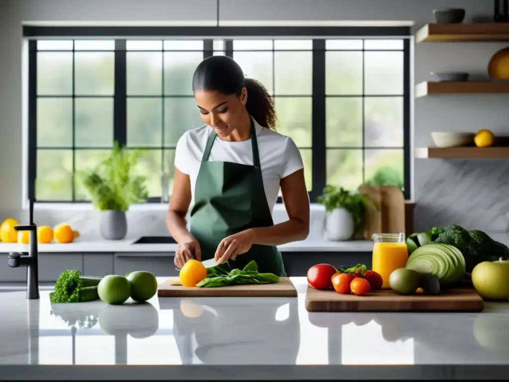 Preparación de comida cetogénica en cocina minimalista con enfoque en ingredientes frescos y conducta alimentaria en cetosis.