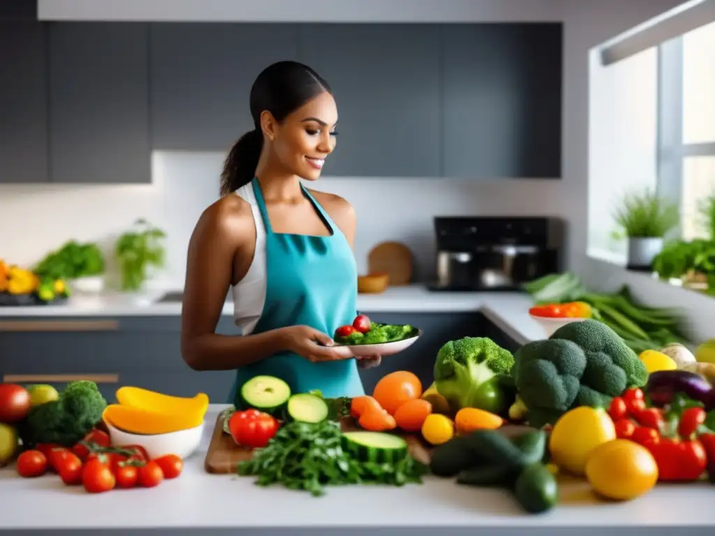 Preparando una comida cetogénica con ingredientes frescos en una cocina luminosa y moderna, mostrando cómo la dieta cetogénica cambió hábitos.