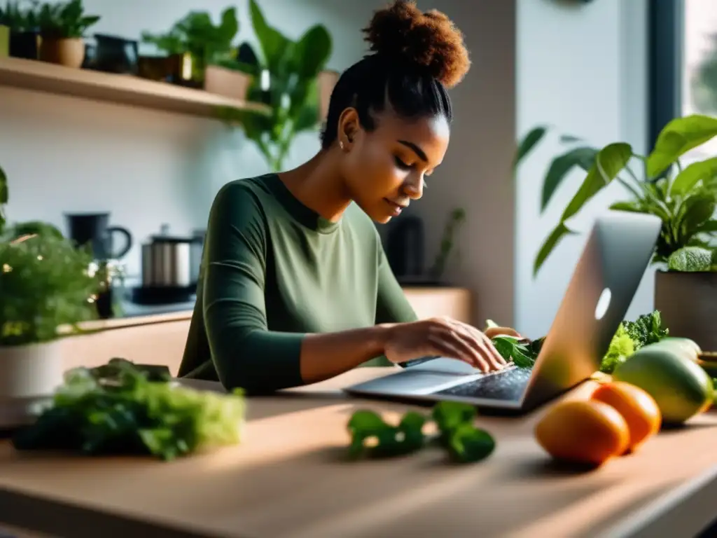 Preparación de comida cetogénica con plantas verdes y luz natural, enfocada en estrategias cetogénicas para claridad mental.