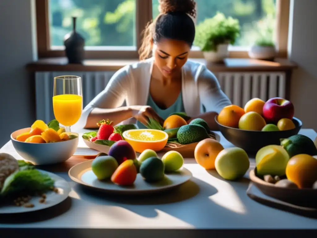 Disfrutando una comida equilibrada y colorida con autocompasión en la dieta cetogénica, en un ambiente sereno y luminoso.