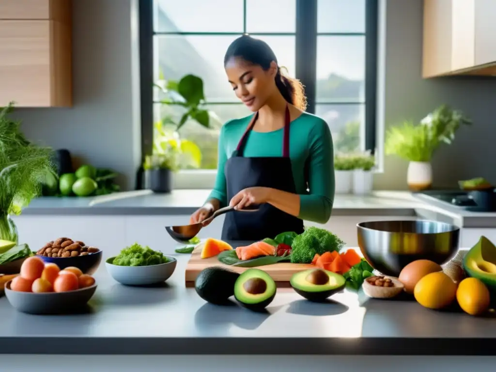 Preparando comidas cetogénicas en una cocina moderna. Beneficios de la dieta cetogénica reflejados en la frescura y color de los ingredientes.