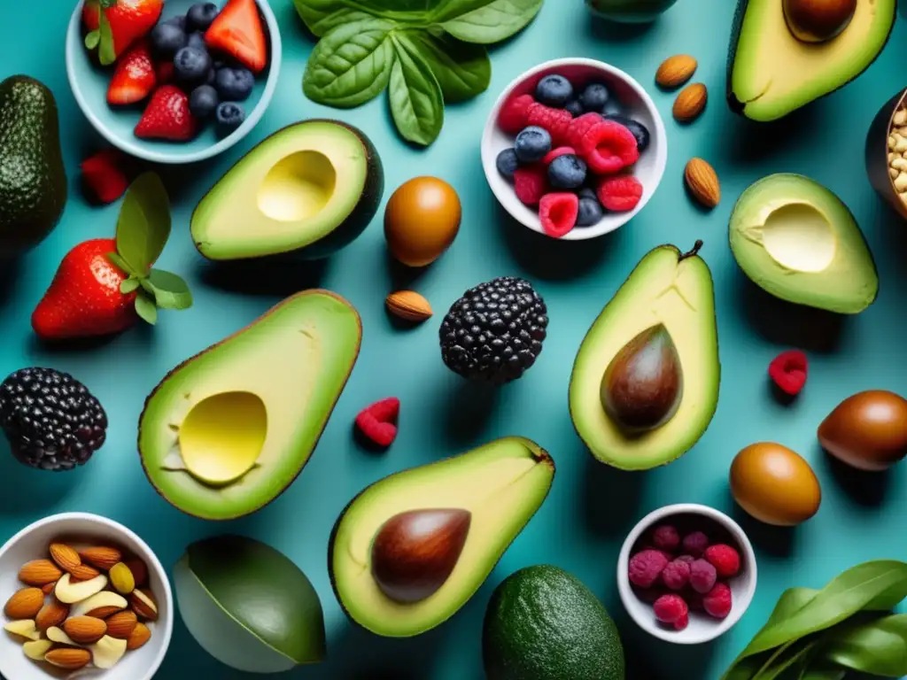 Una composición de alimentos cetogénicos coloridos y nutritivos, como aguacates, verduras, bayas, nueces y proteínas magras, en un entorno moderno. Los colores vibrantes y las texturas de los alimentos destacan en contraste con la estética minimalista, evocando vitalidad y arte cul