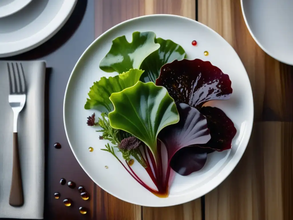 Exquisita variedad de algas marinas en plato blanco